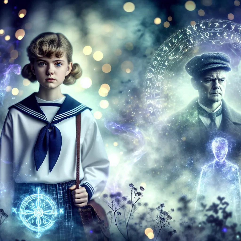 A young teenage girl in a sailor-style witch uniform stands amidst a misty battlefield at dusk, her expression haunted and conflicted. Subtle glowing magical runes swirl faintly above her abdomen, hinting at a mysterious and unwilling pregnancy. Nearby, ethereal spectral figures of a stern man and gentle female comrade blend into the background, representing trapped identities and psychological torment. The scene melds soft magical light with shadows to evoke eerie enchantment, identity struggle