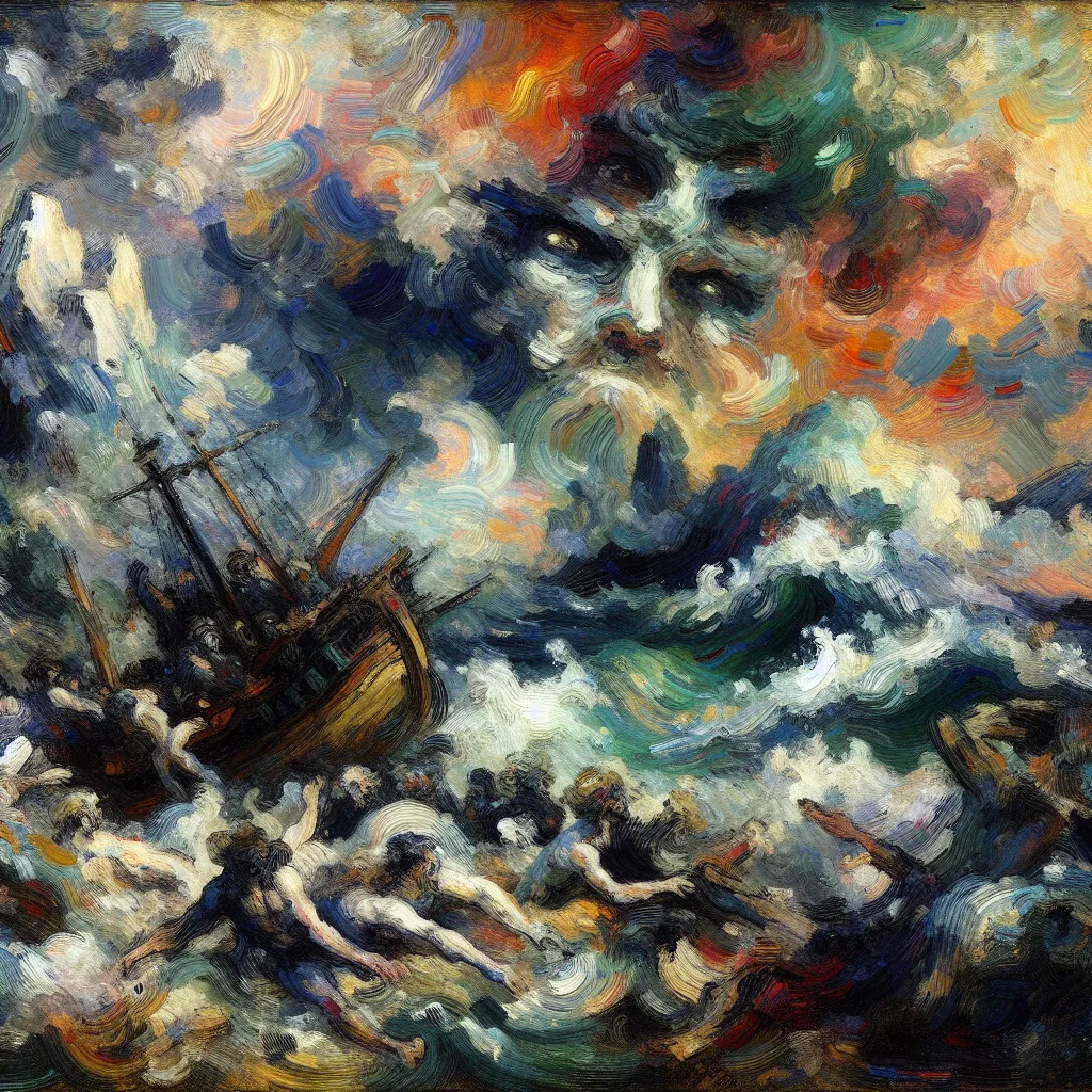 Foreboding, Instinct, Rivalry, Invention, Chaos in the style of Monet