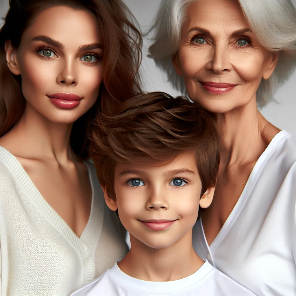An image of a young boy, Jacob, standing next to his mother, Laura, and his grandmother, Marjorie. Jacob is a spirited seven-year-old boy with tousled brown hair and bright blue eyes. Laura is a supportive and caring mother with auburn hair and deep green eyes. Marjorie, or Grandma Marge, is a petite woman with silver-grey hair and gentle hazel eyes. The image captures the bond between the three generations and the love they share.