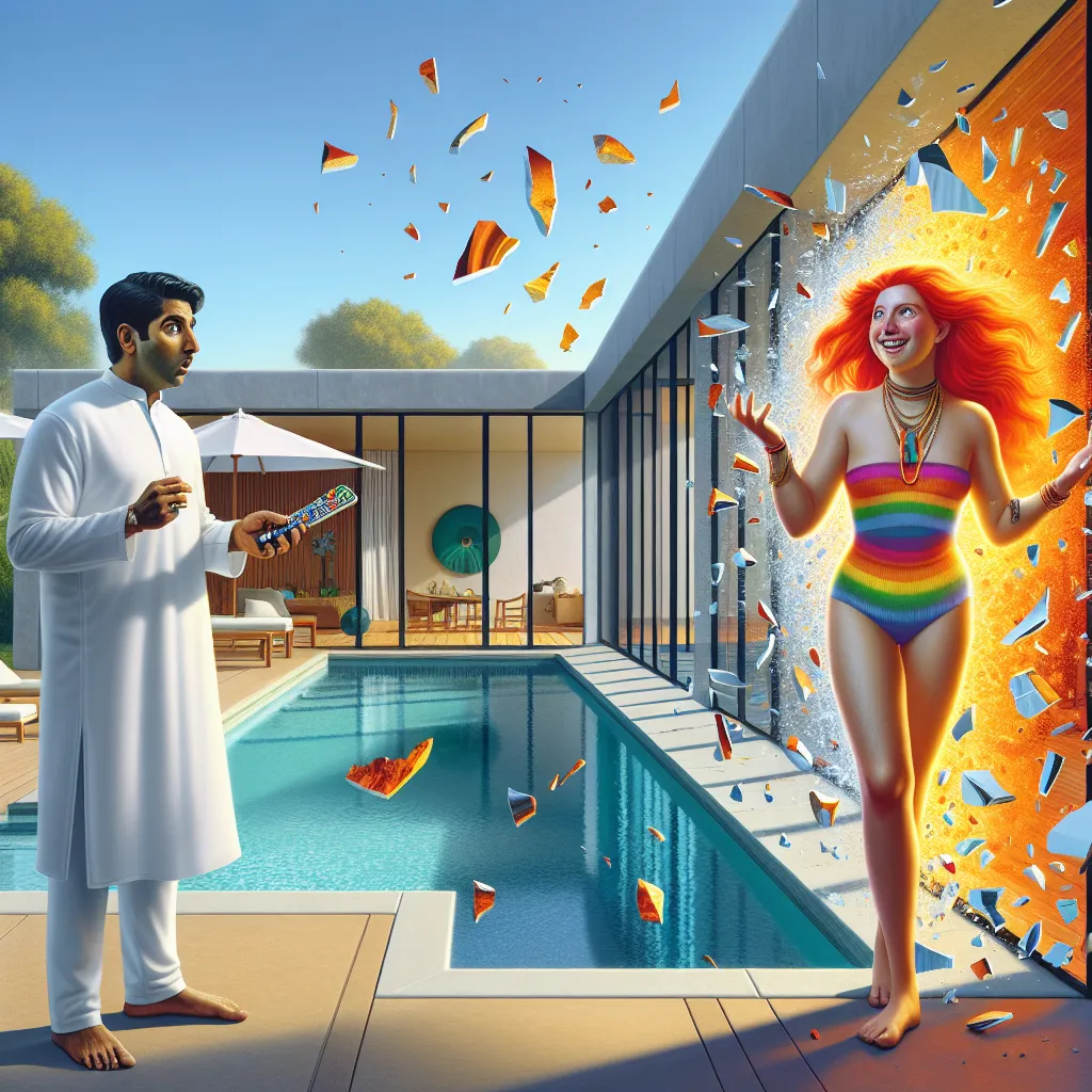 A person stands inside a pool house holding shattered pieces of a reality remote, watching their best friend Tyler, now Tanya, exuberantly flaunting their new appearance and oblivious to the drastic changes in the world around them. Tyler, with fiery red hair, a rainbow bikini, and an unmistakable confidence, interacts with the protagonist, who is the only one who remembers the previous reality. Through a series of humorous and bewildering encounters, the protagonist grapples with the altered re