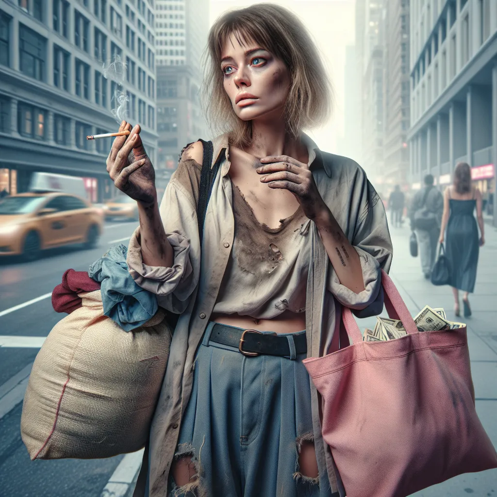 The image that will accompany this story is of an adult woman named Diane, who is homeless. Diane is depicted walking down a street in New York, wearing a torn tank top and short shorts. She carries a worn and dirty backpack filled with her clothing and a purse on her right shoulder. Additionally, she carries a tattered pink tote bag on her left shoulder. Diane's blonde hair is shoulder-length and messy, and she has blue eyes. In the image, Diane is lighting a cigarette, symbolizing her struggle