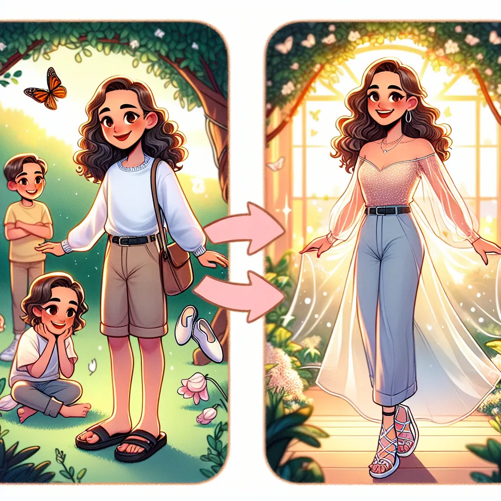 A story about a young boy named Oliver who unintentionally transforms into a confident and stylish woman named Olivia, embodying a life full of cherished memories and self-assurance while wearing a pair of beloved sandals.