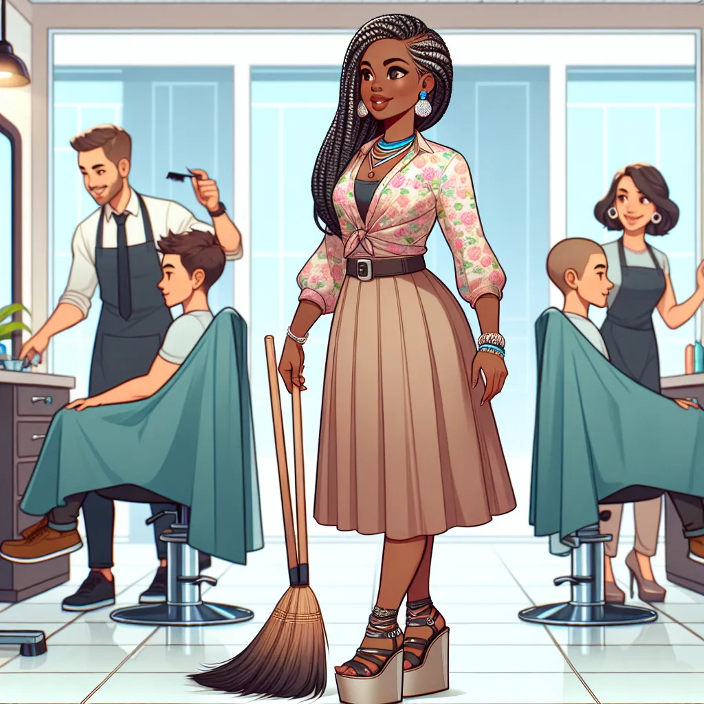 This image will depict a salon scene with a young boy named Michael, now transformed into Patricia, an assertive and confident African American woman in her 50s. Patricia is dressed in a floral blouse and a short skirt, wearing platform sandals. She is sweeping the salon floor and engaged in conversation with Lisa and Nadine, Patricia's coworkers. The salon is brightly lit, and Patricia is wearing 10 pieces of jewelry, including earrings, necklaces, and bracelets.