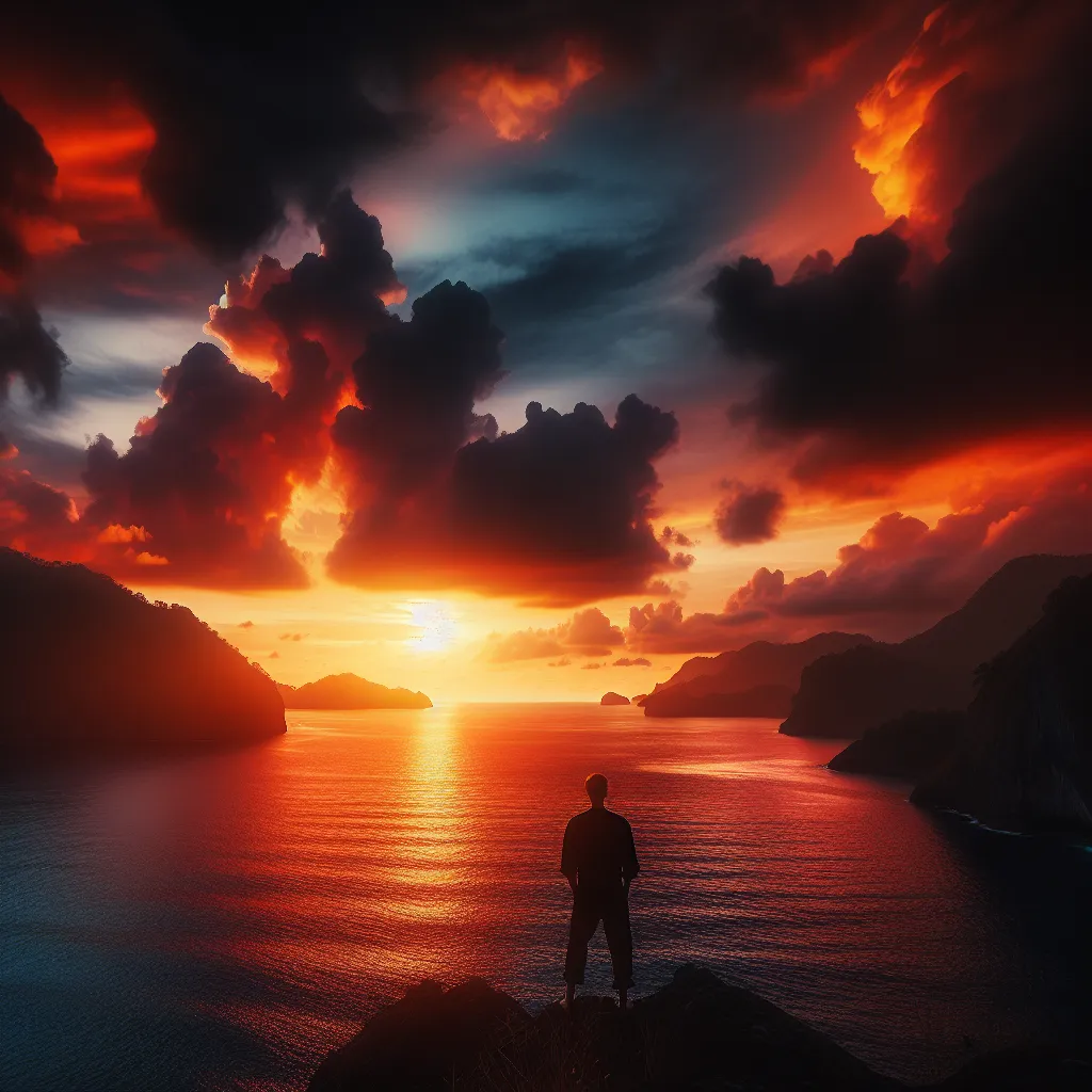 A solitary figure stands on a cliff, staring out into the vast expanse of the ocean under a dramatic and vibrant sunset.