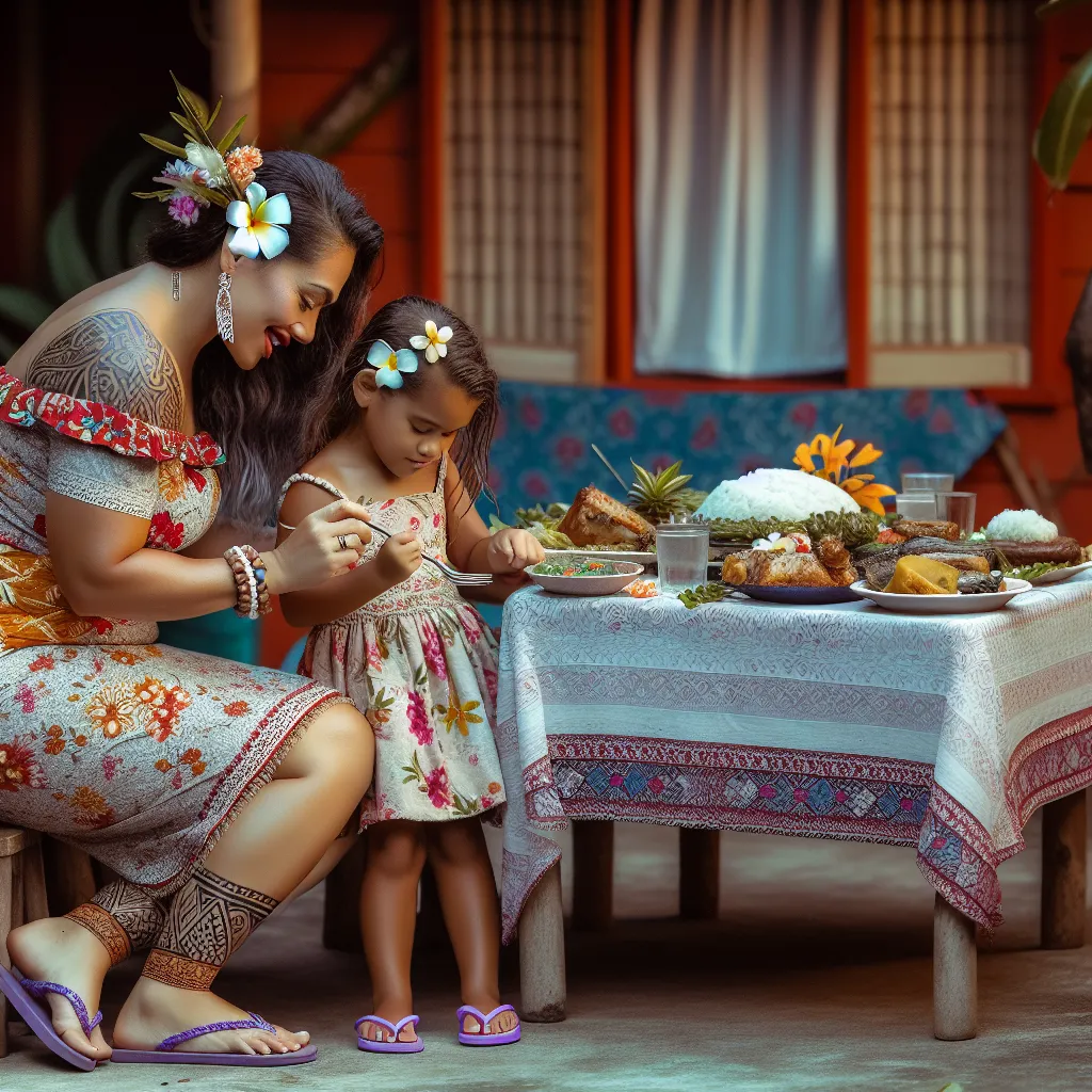 A heartwarming image of a Samoan woman named Leilani and her daughter Emma, sharing a traditional Samoan feast. Leilani is dressed in a colorful floral blouse and a short skirt, wearing purple flip-flops and adorned with traditional islander jewelry. They sit at a beautifully set table, enjoying a delicious meal prepared by Leilani. The image captures the love, warmth, and connection to their heritage that they share.