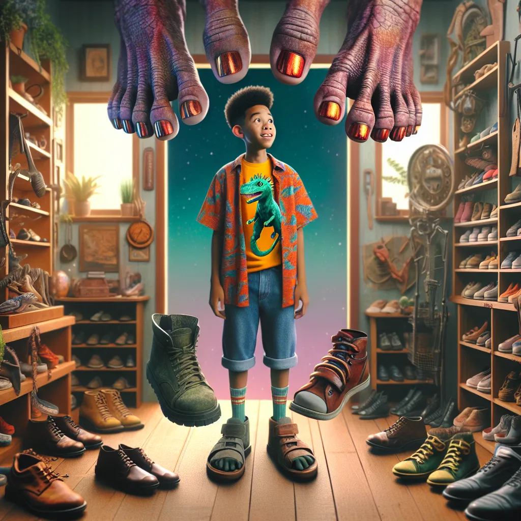 A whimsical image of a young boy named Ethan, standing in a cluttered entryway filled with shoes, wearing a dinosaur t-shirt and denim jeans. His feet are shown transforming before his eyes, toes stretching and widening, heels puffing outward, skin changing shades, and nails shimmering in a daring crimson hue.