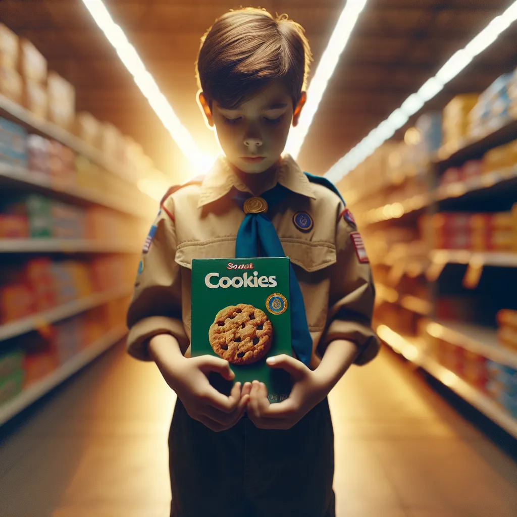 An image of a young boy in a Girl Scout uniform, standing in a grocery store aisle, holding a box of cookies.