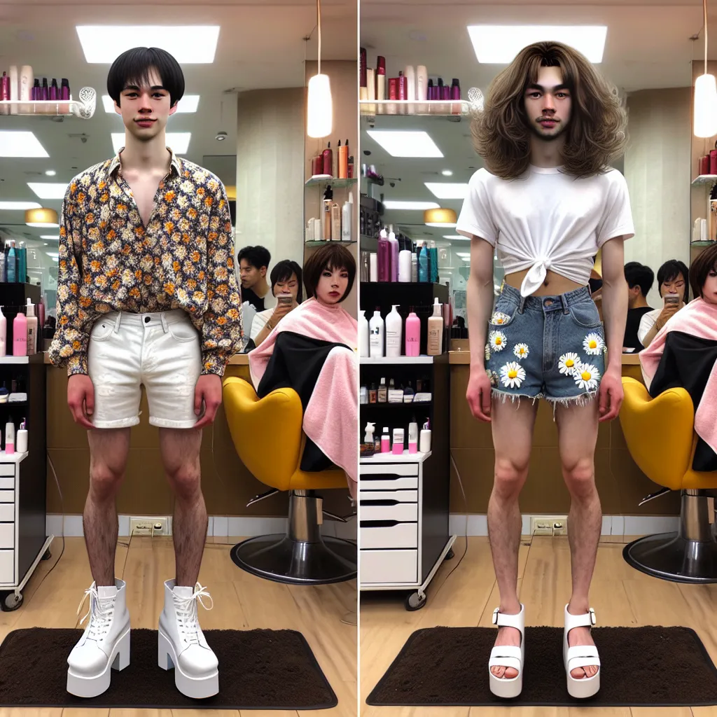 Description: An image featuring a young boy and a Korean salon owner in their newly swapped bodies. The boy, now in Yoo-jin's body, has short black hair and is wearing a floral blouse, white shorts with daisies, and tall white platform sandals. Yoo-jin, now in the boy's body, has messy brown hair and is wearing a t-shirt and jeans. They both stand in the salon, surrounded by hairdressing tools and products, with customers in the background.