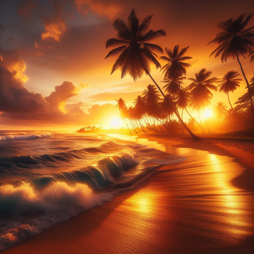 "A captivating sunset over a tranquil beach, with golden rays illuminating waves crashing against the shore as palm trees sway gently in the warm breeze."