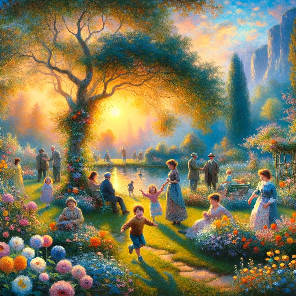 Family, Generations, Transformation, Youth, Imagination in the style of Monet