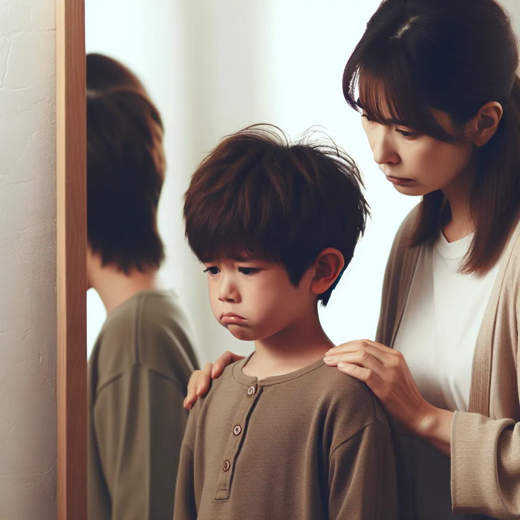 A young boy named Jake and his mom, Laura, standing in front of a mirror. Jake is visibly upset while Laura looks concerned and comforting.