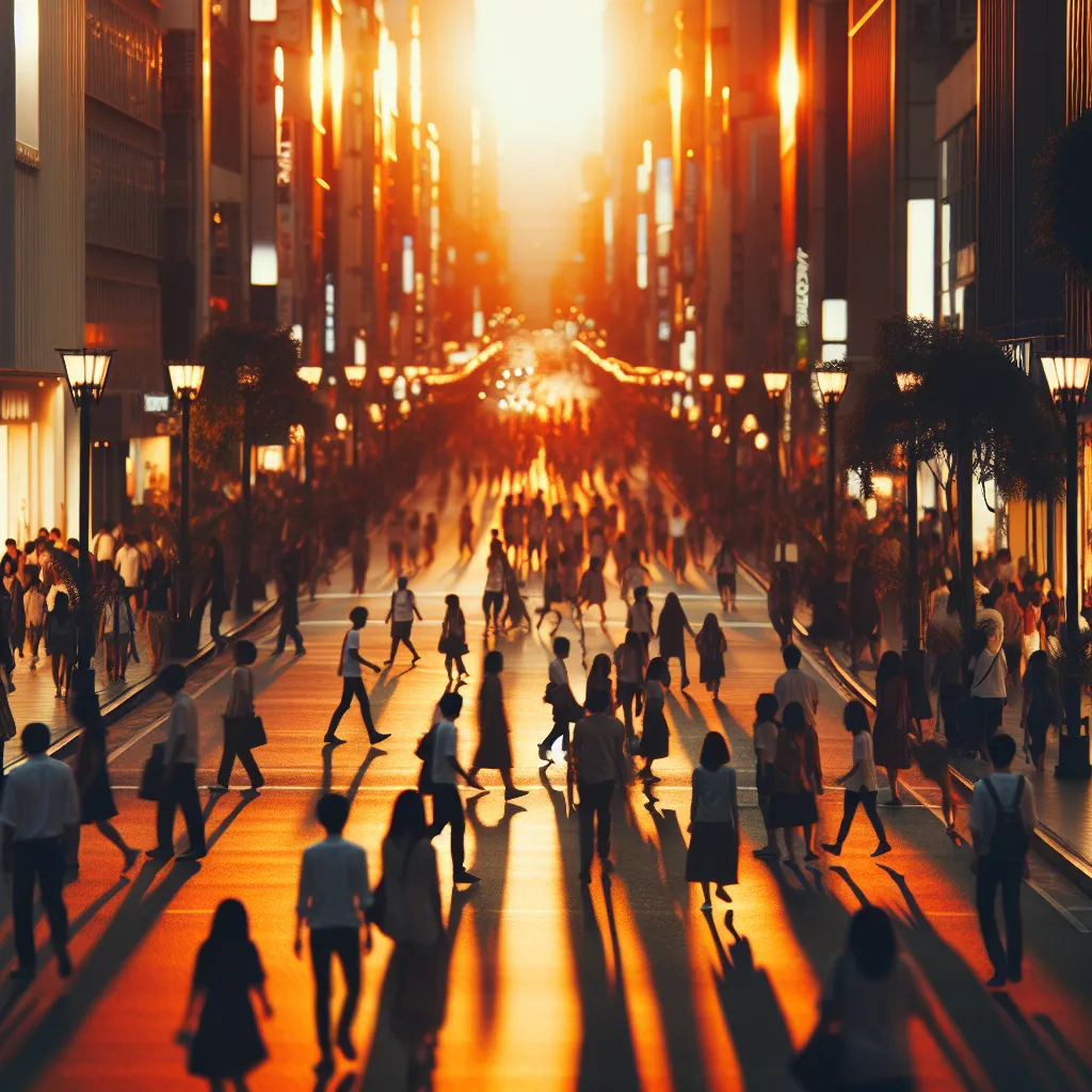 A busy city street at golden hour, filled with bustling pedestrians and illuminated by vibrant city lights.