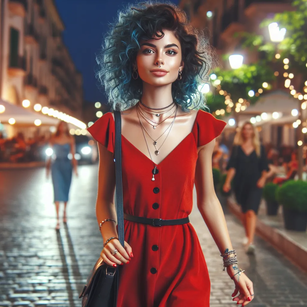 The image that will accompany this story is of a confident, young woman walking down a city street at night. She has short, curly blue hair and is wearing a skimpy red mini-dress and thin sandals. She carries a black purse and has multiple piercings and jewelry. Her eyes are filled with determination as she navigates her new life.