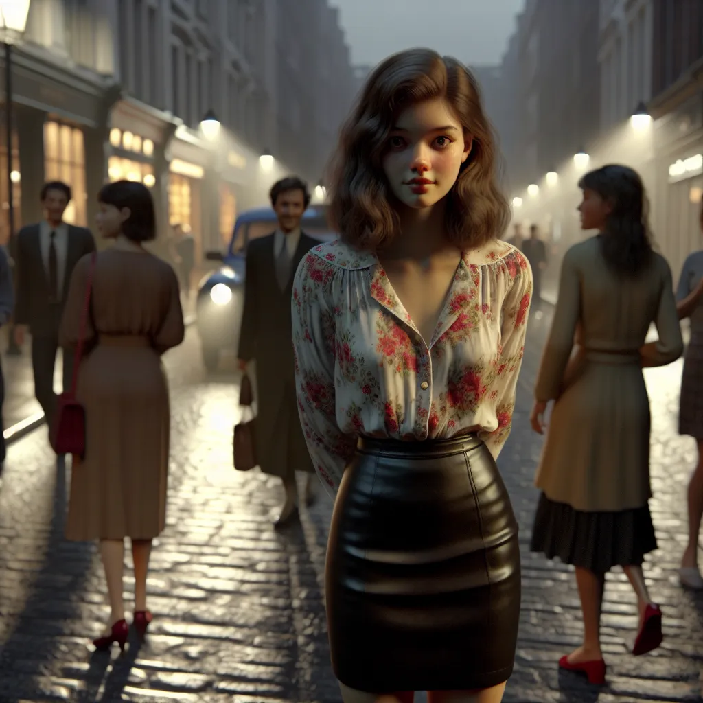 The image that will accompany this story is a street scene in London at night. The streets are dimly lit, and there is a sense of hustle and bustle as people go about their late-night activities. In the foreground, a young girl named Emily, dressed in a floral blouse and a short black skirt, stands hesitantly, looking towards the camera. Behind her, a woman dressed in a similar fashion with a kind smile on her face approaches.