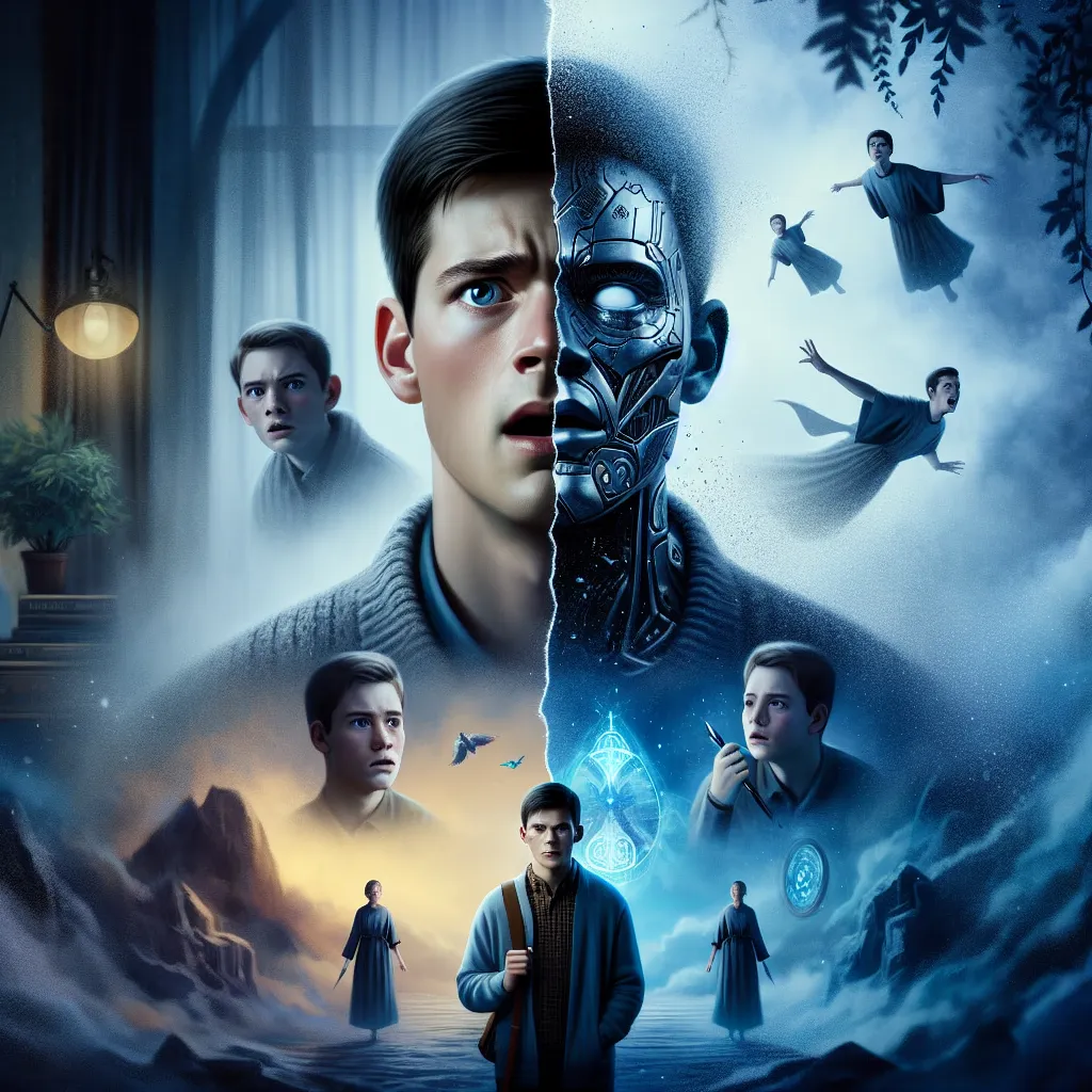 A tense, surreal scene showing Ranma Saotome’s shocked, conflicted face reflected in a cracked mirror, half transforming into Yoshika Miyafuji’s gentle expression; behind them, a dark, eerie room shifts into a misty sky where several young witches wearing mechanical flight units hover, their faces a mix of concern and supernatural unease—capturing the body-swap horror and the clash of identities in a cold, muted color palette.