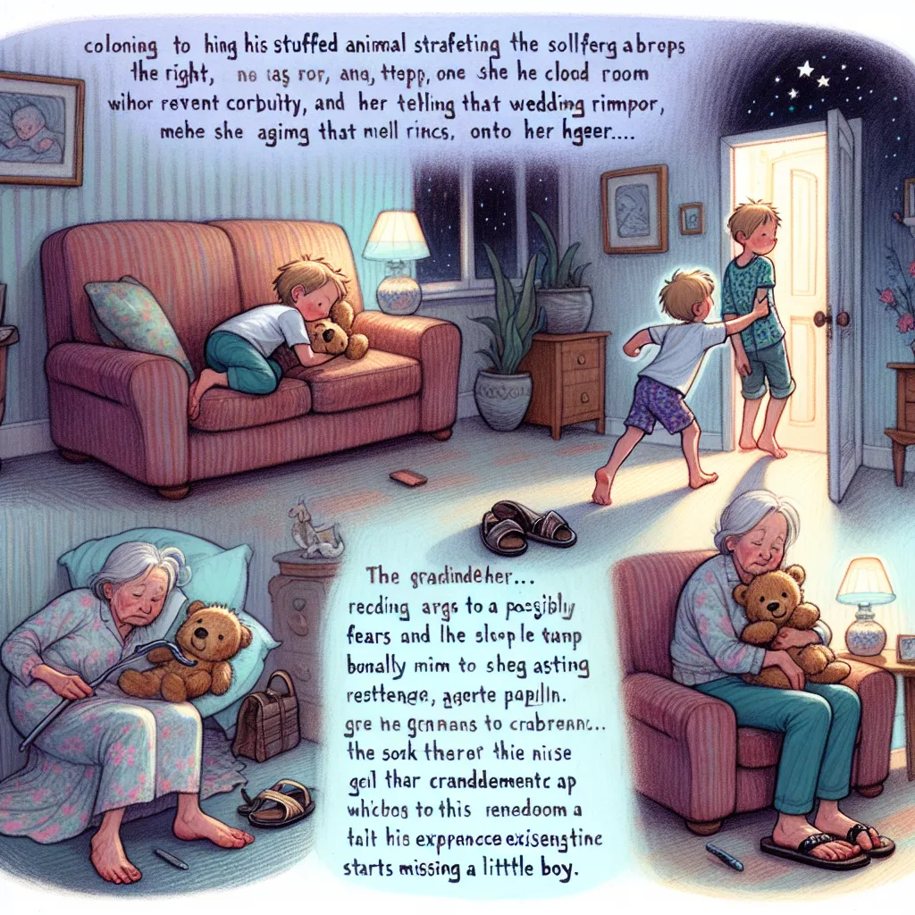 A young boy, Benny, struggles to fall asleep while clutching his stuffed animal, Mr. Whiskers. Benny's grandmother, Linda, gives him advice about what to do if he gets scared, leading Benny to sneak into her room to retrieve a small silver mirror from her purse. However, something unexpected happens when he accidentally puts on Linda's old lady sandals and one of her wedding rings. Benny's body undergoes a transformation, aging rapidly until he becomes Linda. Confused, Linda tries to understand 