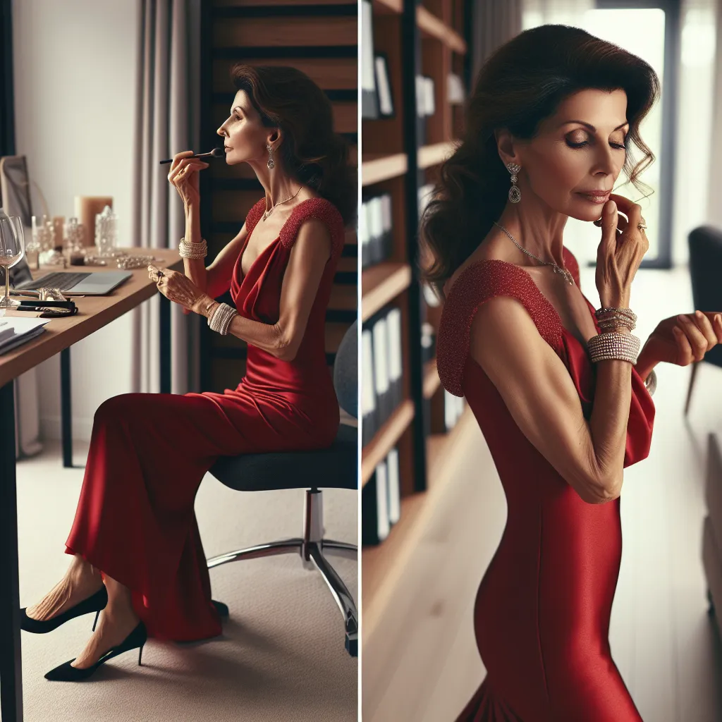 An image of Patricia, a confident and elegant woman in her mid-50s, standing in her bedroom, wearing a skimpy red dress, platform sandals, and wearing several pieces of jewelry. She is applying makeup and getting ready for a dinner date, captured in a moment of calm before a commotion goes on downstairs.
