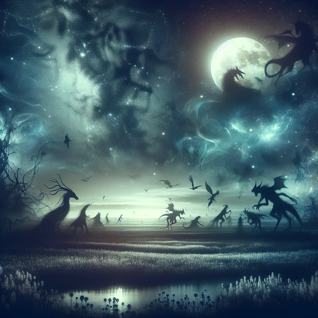 A surreal and mysterious night scene with elements of fantasy and uncertainty.
