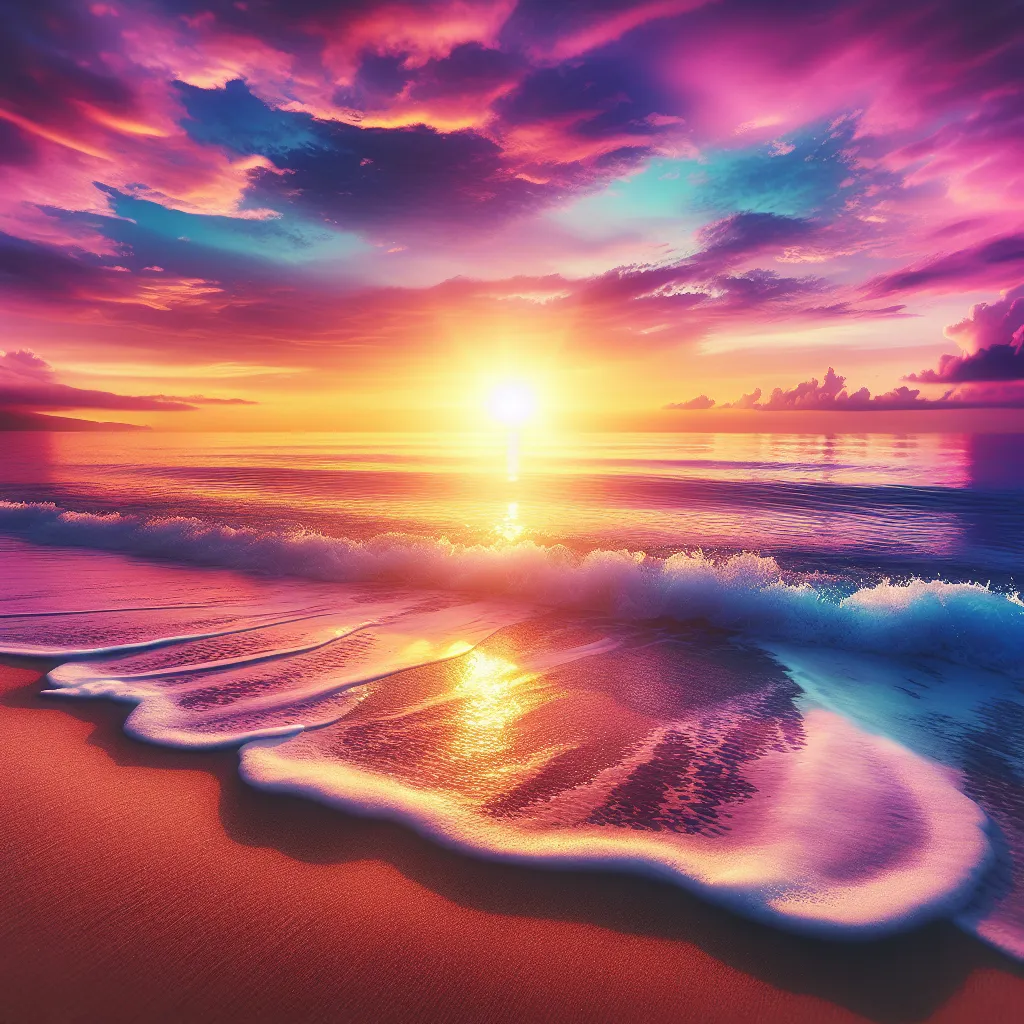 Image Description: A serene and picturesque beach at sunrise, with gentle waves rolling onto the sandy shore. The sky is painted with vibrant hues of pink, orange, and purple, casting a warm glow over the scene.