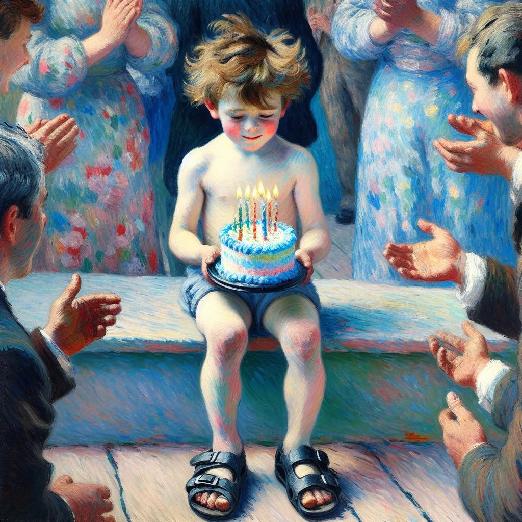 Boy, Birthday, Hair, Eyes, Sandals in the style of Monet