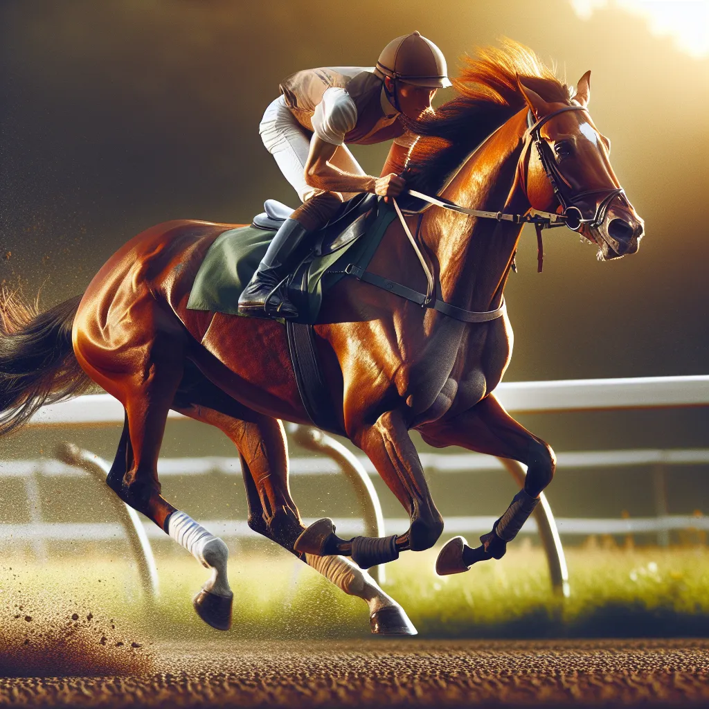 Image description: A chestnut racehorse galloping fiercely on a sunlit racetrack, with a jockey atop, holding the reins tightly. The horse's muscles are tense, and its tail is swishing in agitation.
