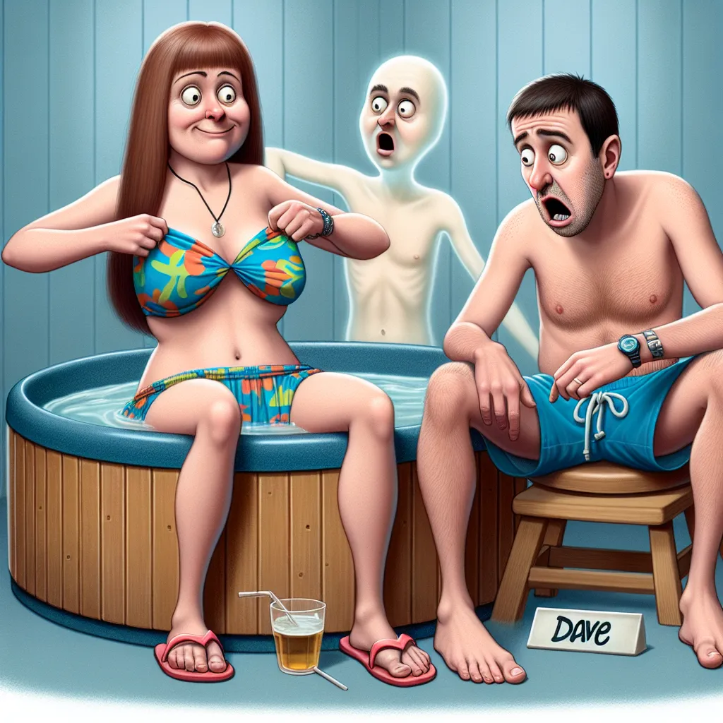 A humorous image showing a man and a woman sitting in a hot tub, with the woman possessed by a ghost named Dave. The woman, now in a man's body, is wearing a bikini and is happily adjusting the bikini strings, while the man looks on in disbelief.