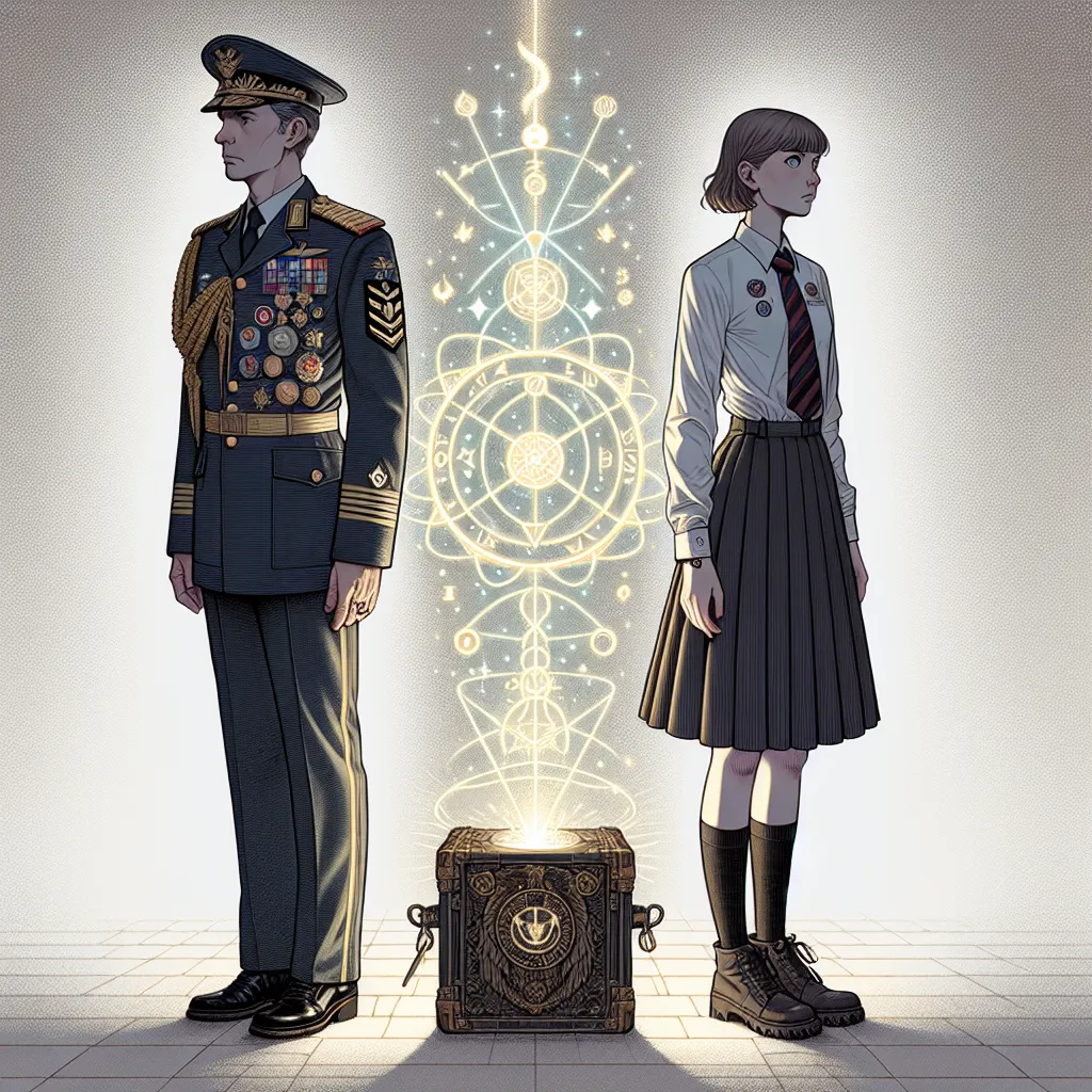 A digital illustration of two contrasting figures, one in a military uniform and the other in a schoolgirl outfit, standing back to back with a mysterious gadget emitting light between them. The image portrays the story of a high-ranking Air Chief Marshal swapping bodies with a young witch, navigating the challenges of living in a different identity and finding acceptance and transformation in a new life.