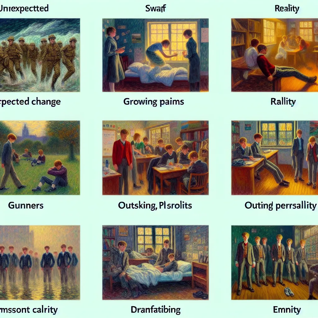 Chapter 1 Related Words: Unexpected, Swap, Chaos, Mischief, Platoon
Chapter 2 Related Words: Glow, Panic, Reality, Adapt, Clarity
Chapter 3 Related Words: Wardrobe, Challenges, Uniform, Gym Class, Swimming
Chapter 4 Related Words: Gender, Growing Pains, Cycle, Discomfort, Mood Swings
Chapter 5 Related Words: Relationships, Social Connections, Outgoing, Crush, Friendships
Chapter 6 Related Words: Bond, Trials, Resilience, Identity, Empathy in the style of Monet