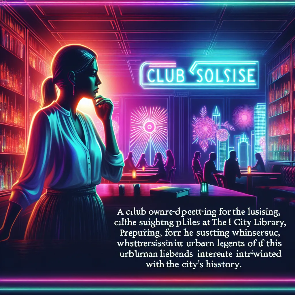 A club owner delves into urban legends surrounding her sister's disappearance, meeting a historian at the city library to unravel the mysterious Iron Hill's secrets. The image will depict Julia Rios in her club, Club Solstice, immersed in neon lights and preparing for her meeting at the library, capturing the juxtaposition of club life and the city's enigmatic whispers.
