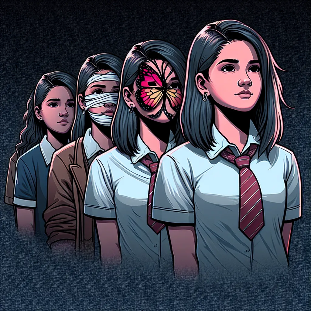 The image accompanying this story could be a depiction of Michelle, a high school girl who has faced relentless bullying and humiliation. The image should capture Michelle's transformation from a shy and defeated individual to a resilient and confident young woman. It should convey her strength and determination to overcome the cruelty she has endured, while also highlighting the small sparks of change she has ignited within her school community.