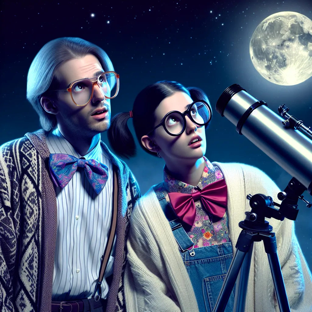 An image of two individuals, Skyler and Chasey, dressed in ill-fitting conservative clothing, stargazing with a telescope under the light of a full moon. Their stylish attire has been transformed into nerdy outfits, reflecting their new introverted, bookish personas. The image captures their unease and confusion as they try to navigate their sudden importance in a field they knew little about the night before.