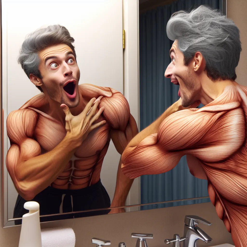 A young man, Kyle, stands in front of a bathroom mirror, amazed and amused by his reflection. He has swapped bodies with his best friend's mom, Lindsay Matthews, and is finding the experience both thrilling and humorous. As he flexes his new muscles and enjoys the novelty of his transformed appearance, Kyle decides to have some fun and blows air kisses to the mirror. The image captures his excitement and the comedic nature of the body swap, with a hint of mischief in his eyes.
