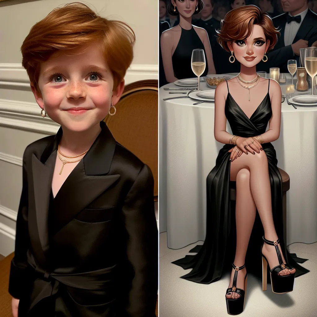 Billy, a 6-year-old boy, accidentally transforms into a woman named Karen and goes on a birthday dinner date with her husband. Karen's image should reflect a confident and elegant woman in a black silk dress, wearing platform sandals with gold straps, and adorned with various pieces of jewelry. Her short layered auburn hair should be styled and complemented by a French manicure and pedicure. Giving a sense of contentment and satisfaction, Karen exudes a graceful presence and radiates happiness t