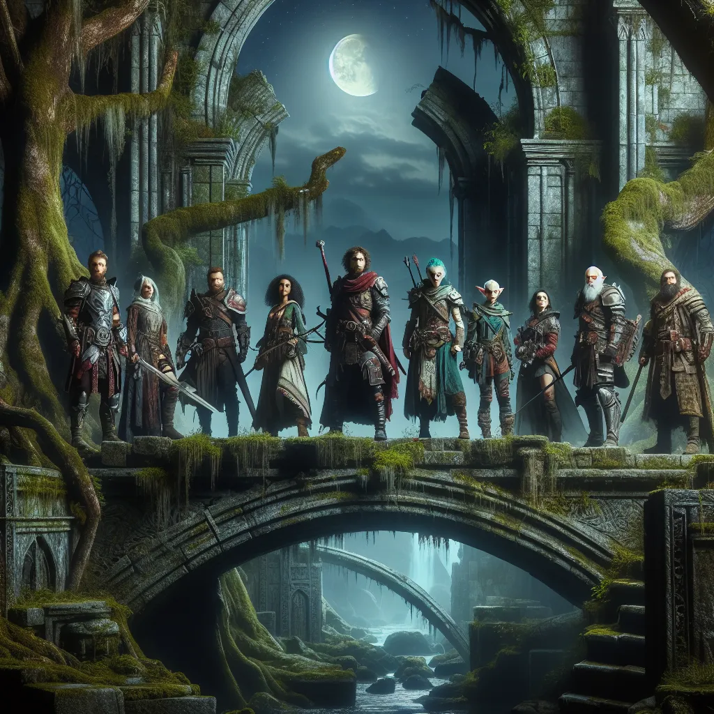 Image Description: A group of adventurers, illuminated by soft moonlight, stands on a crumbling stone bridge within an ancient forest. They wear weathered armor and carry weapons, their eyes filled with determination and a sense of mystery. Behind them, towering trees and moss-covered ruins hint at a forgotten realm filled with secrets and magic.