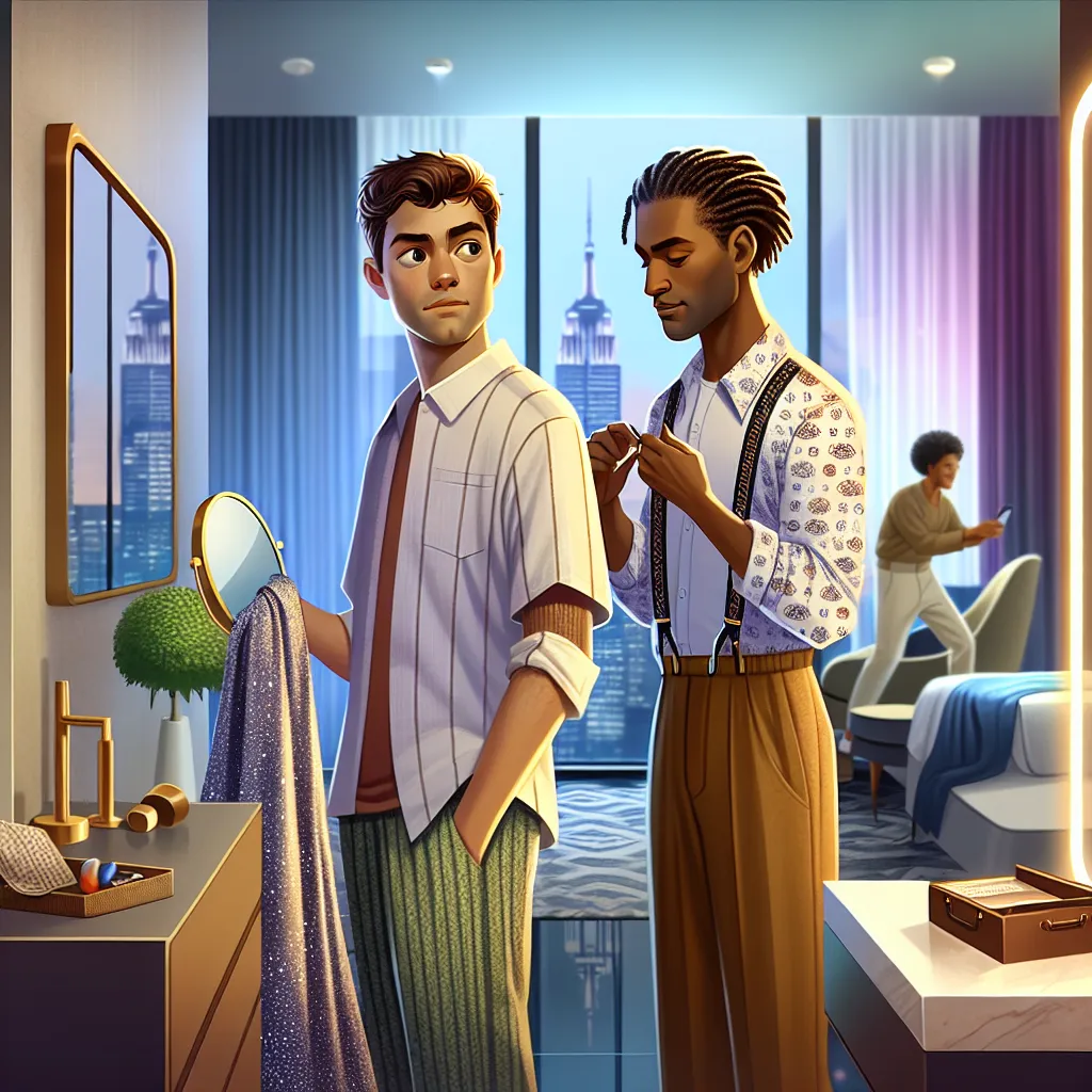 A scene from a contemporary drama with comedy and interpersonal tension. Two friends navigate a "minor shift" where one is now in the other's body, causing a humorous yet complicated scenario. Jake and Sam, in Allison's body, prepare to go out as Jake's girlfriend, Mia, checks in nervously via text. A mix of humor and introspection colors this unique situation in a hotel room setting.