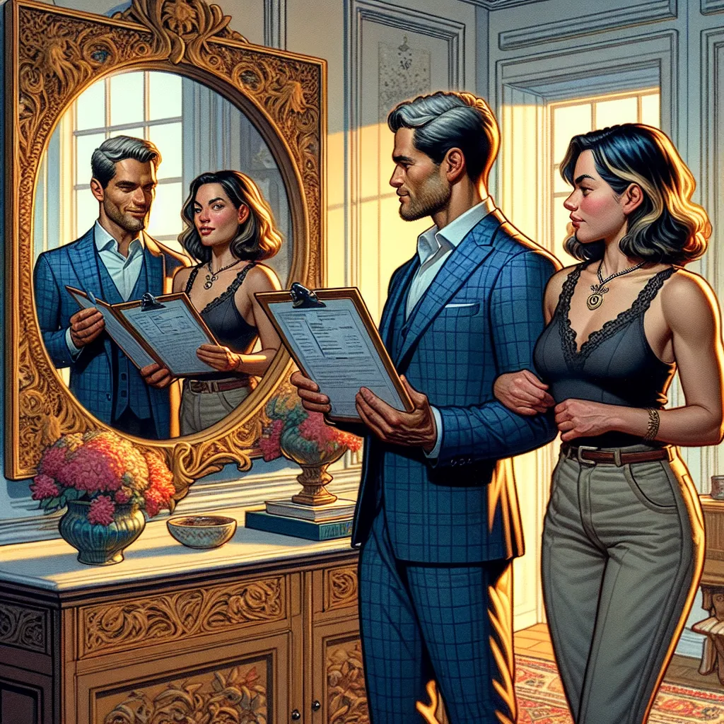 The image will depict two young adults, Marcus and Francine, standing in an opulent living room. Marcus, now in a new attractive and wealthy body, is admiring his reflection in an ornate mirror, while Francine, adjusting to her new curvier physique, stands beside him with a mix of frustration and curiosity. They are both holding a folder that contains information about their new identities, as they prepare to navigate their new lives as wealthy individuals while staying under the radar.