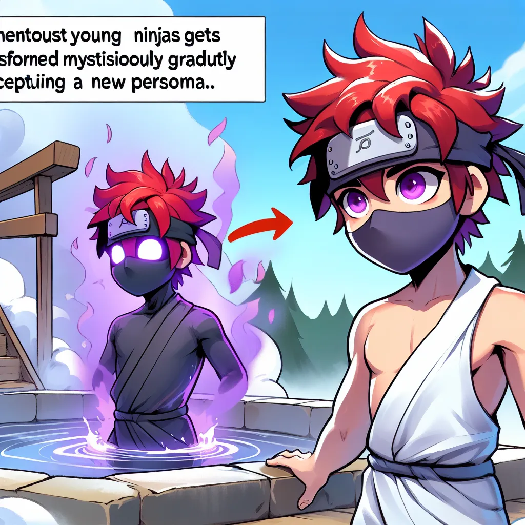 A young ninja named Naruto finds himself transformed into a girl named Naruko during a trip to the hot springs with his friends Sakura and Ino. Confused and unable to communicate his distress, Naruko gradually accepts her new identity, embracing her femininity and a newfound attraction to men. This image depicts Naruko, with vibrant red hair and violet eyes, emerging confidently from the hot springs, symbolizing her acceptance and the beginning of her journey as a blossomed kunoichi.