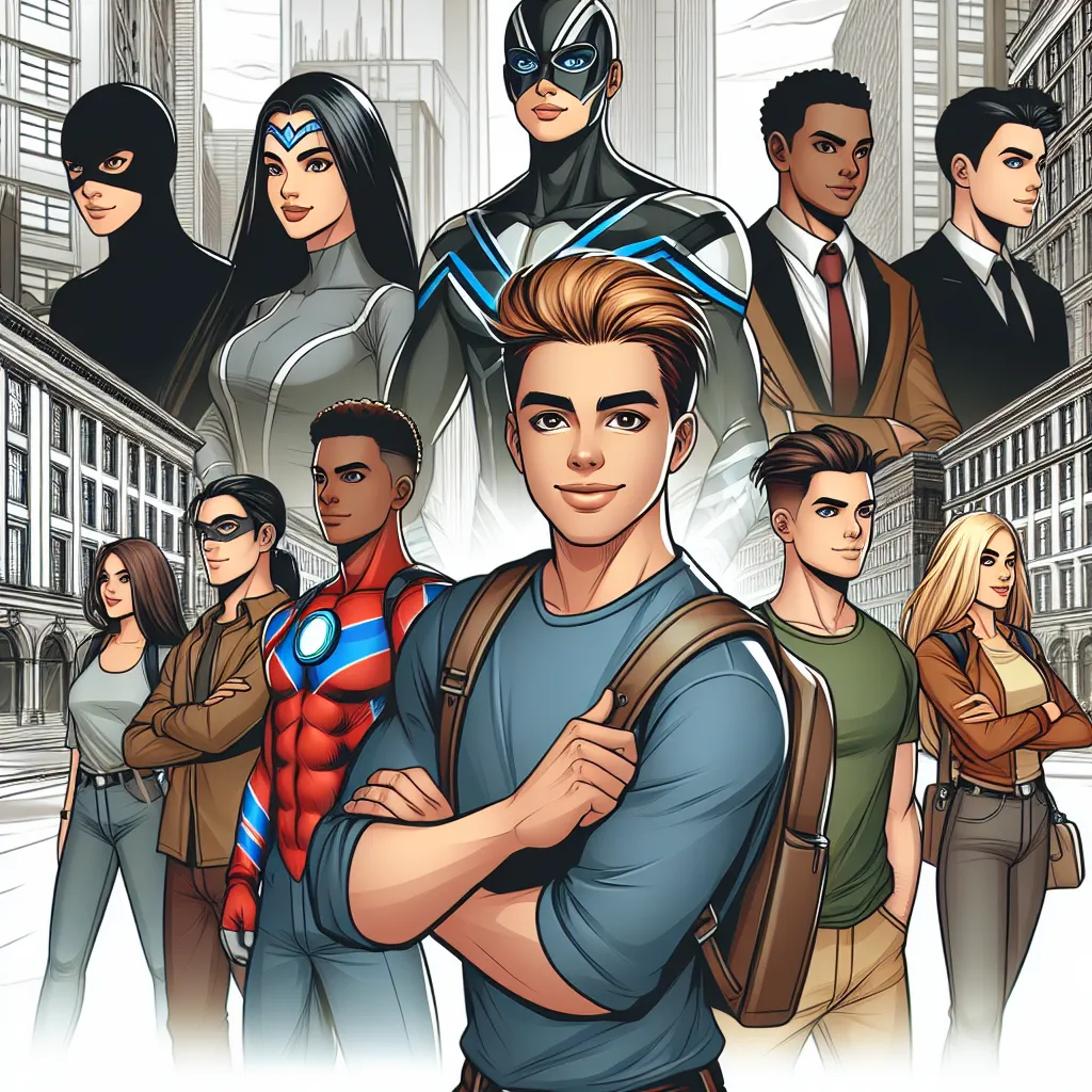 The image accompanying the story should depict Leo standing confidently amidst his group of allies, each of them representing different superpowers, as they prepare for a confrontation with Valeria and her organization.