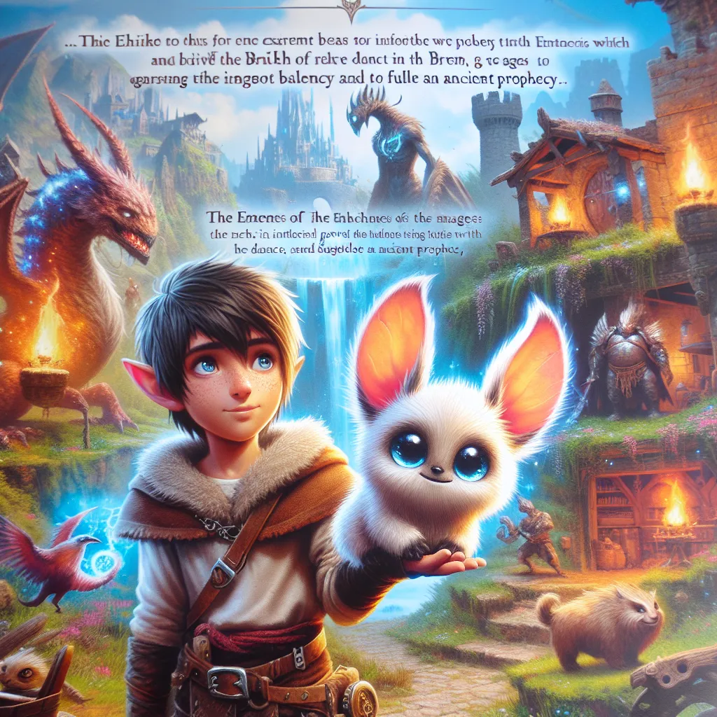 Description: An image depicting Aric, the young blacksmith, and his companion Flicker, a small, furry Bruh creature with twinkling eyes. They stand together in front of a fantastical backdrop of mythical beasts, ancient forests, and mage-guarded castles in the enchanted kingdom of Eldoria. The image captures the sense of adventure, magic, and the power of the Bruh that drives their journey to restore balance and fulfill the ancient prophecy.