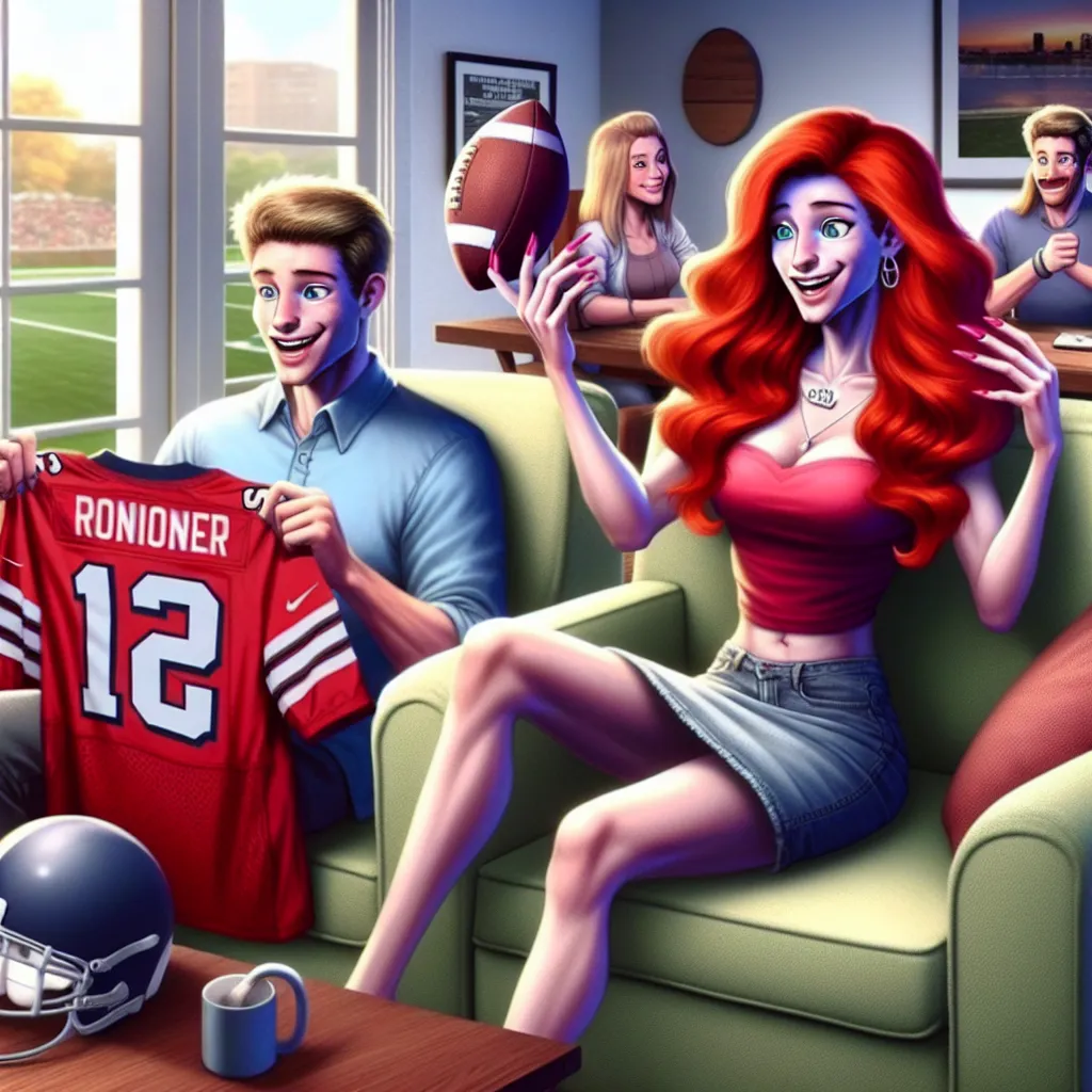 The generated image should depict a humorous scene with a man named Chad, who has unexpectedly transformed into a woman named Lilly. Chad, with his long red hair and polished nails, enthusiastically flaunts his new feminine body, particularly his large breasts, while sitting at a quaint café with David. Chad's driving skills are also highlighted as he struggles to adjust the seatbelt over his distracting assets and drives like a character from a fast-paced action movie. In a comedic twist, Chad 