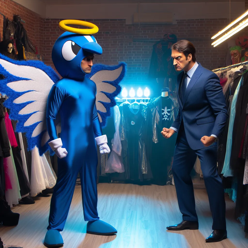 An image of a person, transformed into the character Dizzy from Guilty Gear, stands defiantly in a costume store. The store's eerie atmosphere is filled with racks of costumes and props, while a sinister man watches on, his twisted satisfaction evident. The image captures the struggle between the enslaved and the enslaver, as the transformed character vows to find a way to break free and regain their identity.