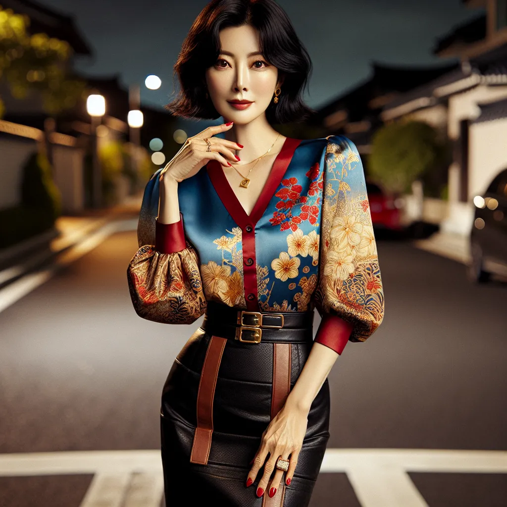 In the image, we see a middle-aged Korean woman named Mrs. Han standing confidently on a suburban street at night. She is wearing a patterned silk blouse with a bright blue background and gold and red blossoms, paired with a short black pencil skirt. Her stylish platform sandals have a wooden base and red leather straps that match her nails. Mrs. Han accessorizes with a delicate gold necklace, small stud earrings, and a wedding ring with a sizable diamond. Her short, neat black hair frames her s