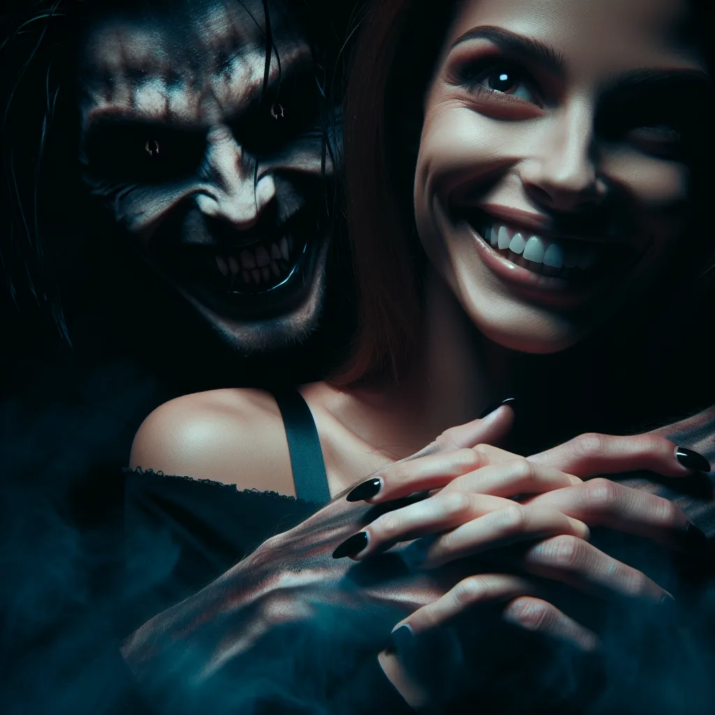 A chilling image of Monica, a figure consumed by obsession and twisted love, lurking in the darkness with a sinister smile on her face. Her eyes glitter with malice as she plans her next move, forever bound to her target, Jake, who is haunted by the memory of his brother Tommy's transformation and disappearance.