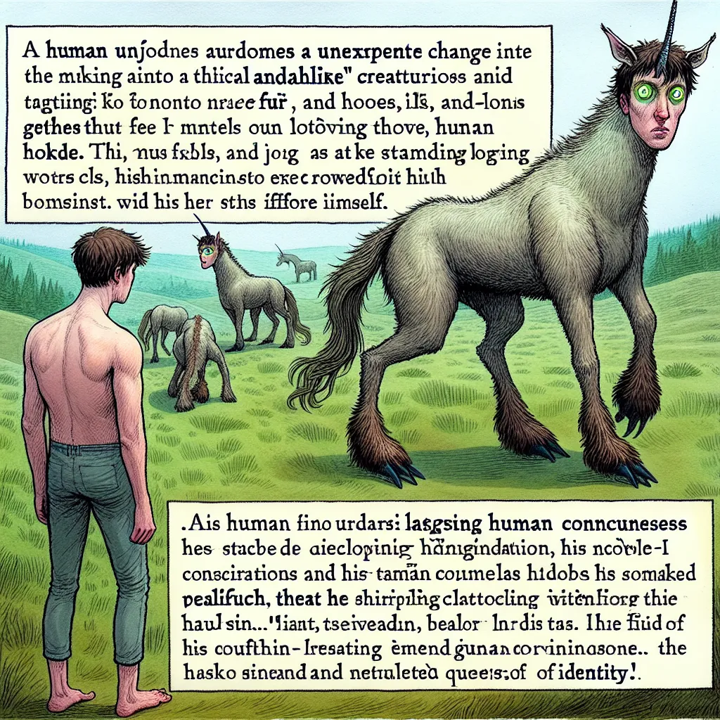 A human named John undergoes a dramatic transformation into an Andalite, growing fur, hooves, and stalk eyes. He finds himself in a meadow, confronted by another Andalite who mounts his back. John's thoughts and instincts clash as he struggles to accept this new reality and grapples with his true identity.