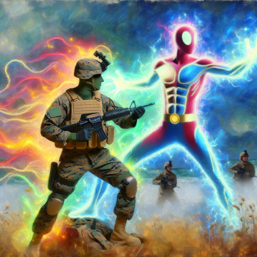 Marine, Bodysuit, Comedy, Military, Transformation in the style of Monet