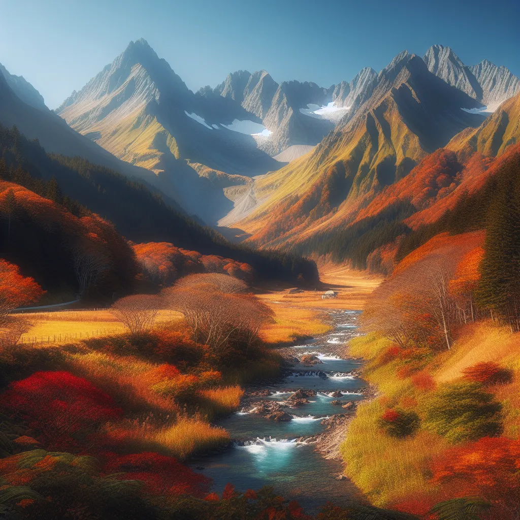 A majestic mountain range covered in vibrant autumn foliage, with a clear blue sky and a gentle stream flowing through the valley below.