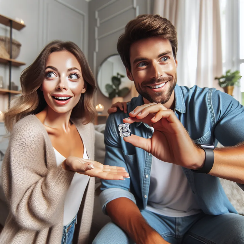 An image of Johnny and Pamela in their living room, with Johnny holding a small metallic chip in his hand and Pamela looking curious and excited, ready to try out a personality chip.