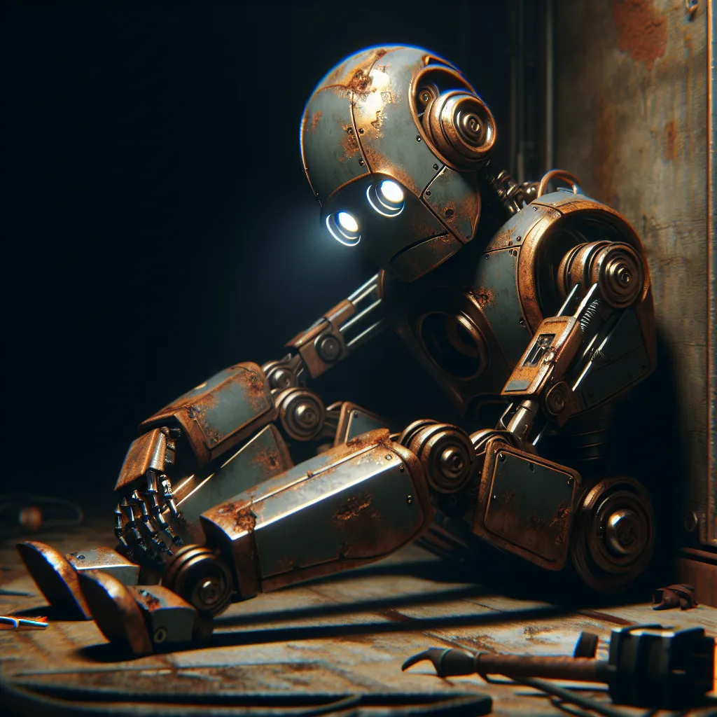 A broken robot with a sad expression, symbolizing failure or inability to fulfill a request.
