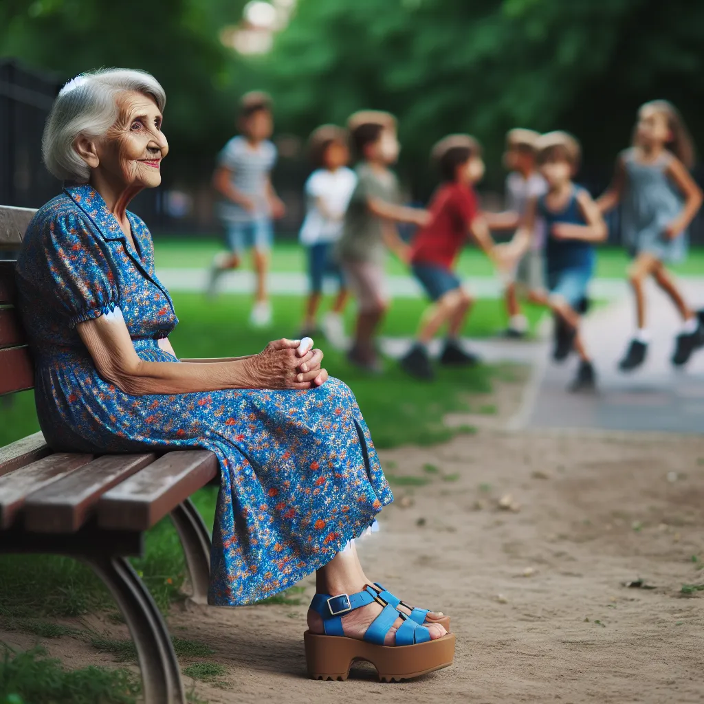 Description: An image of an elderly woman named Sylvia, wearing a blue floral-patterned dress and platform sandals, sitting on a park bench. She has a nostalgic smile on her face as she observes children playing in the park. The image portrays a sense of hope and contentment despite the loneliness she feels.