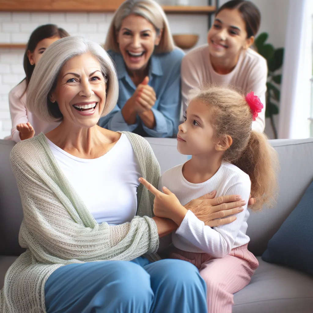 The image accompanying this story could portray an elderly woman wearing a diaper, surrounded by her family who are laughing and looking amused. The woman should have a sheepish expression on her face, as she tries to play with her shy granddaughter.